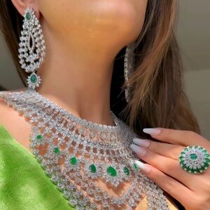 Jaipur Rose Indian Wedding Jewelry Emerald Necklace & Earring Set Bridal Glam